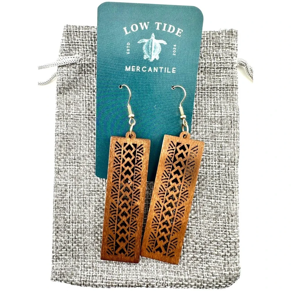 Art Deco Bar Earrings‎ Rectangle Chestnut Brown Stained Wood